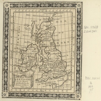 CARTE DELA GRANDE BRETAGNE Sur les Degrés de l'Academie des Sciences de Paris. 1744. faure Sculp.(sit)
