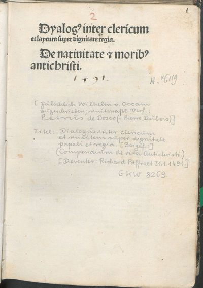 Dyalog[us] inter clericum et laycum super dignitate regia. De natiuitate [et] morib[us] antichristi.