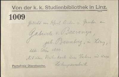 Linz, AT-OOeLB, Hs.-1009 (Gedicht von Karl Anton Gruber v. Grubenfels auf die in Linz gestorbene Dichterin Gabriele v. Bacsanyi, geb. Baumberg. Wien, 29. Sept. 1800) [nach Konrad Schiffmann]