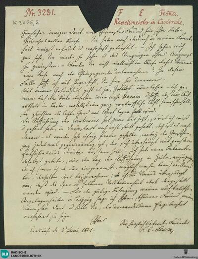 Brief von Friedrich Ernst Fesca an Wilhelm Heinrichshofen vom 03.06.1821 - K 3206, 2