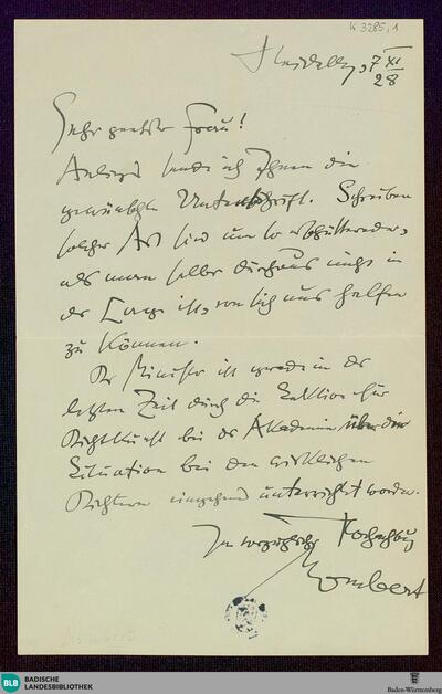 Brief von Alfred Mombert an Unbekannt vom 07.11.1928 - K 3285, 1