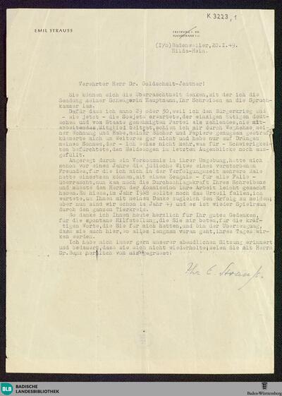 Brief von Emil Strauß an Rudolf K. Goldschmit-Jentner vom 20.01.1949 - K 3223, 1