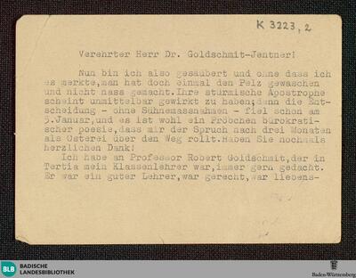 Postkarte von Emil Strauß an Rudolf K. Goldschmit-Jentner vom 11.04.1949 - K 3223, 2