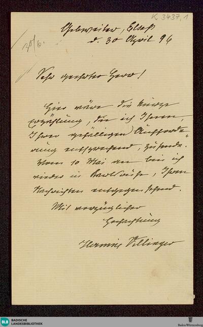 Brief von Hermine Villinger an Unbekannt vom 30.04.1896 - K 3437, 2