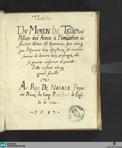Tracite - Cod. Durlach 25 : du moyen de tellement pollicer vnma armee à limitation des anciens Grecs & Romains