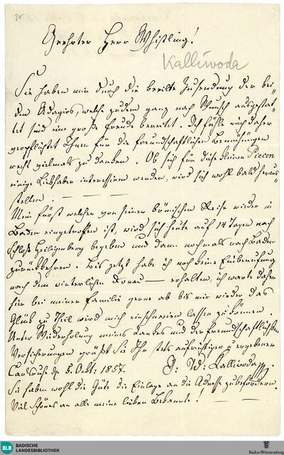 Brief von Johann Wenzel Kalliwoda an August Theodor Whistling vom 05.10.1857 - K 3170, K, 20