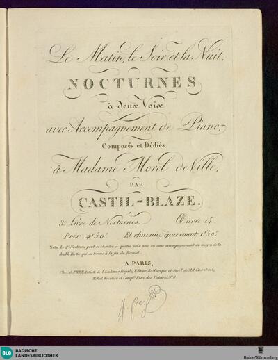 Le matin, le soir et la nuit : nocturnes à deux voix avec accompagnement de piano; 3e. livre de nocturnes; oeuvre 14