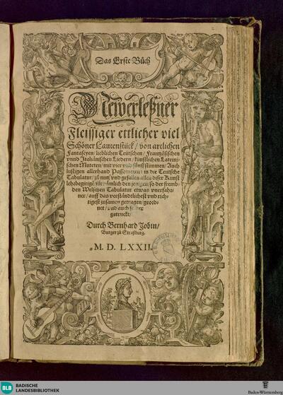 Das erste Buch newauserlessner fleissiger ettlicher viel schöner Lautenstück : von artlichen Fantaseyen, lieblichen teütschen, frantzösischen und italiänischen Liedern, künstlichen lateinischen Muteten, mit vier und fünff Stimmen, auch lustigen allerhand Passomezen