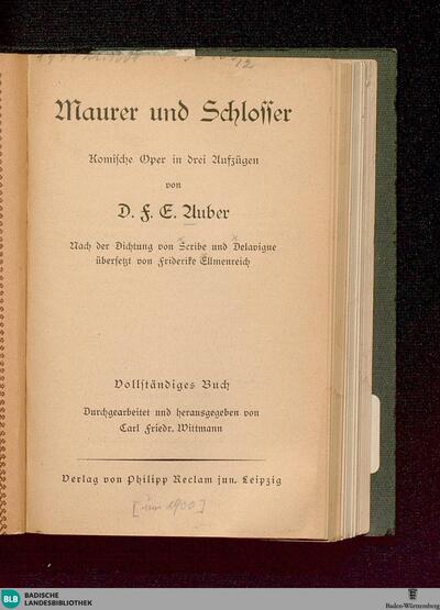 Maurer und Schlosser : komische Oper in 3 Aufzügen; vollständiges Buch