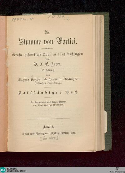 Die Stumme von Portici : Große historische Oper in fünf Aufzügen; Vollständiges Buch