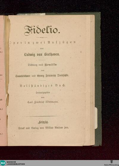 Fidelio : Oper in zwei Aufzügen; vollständiges Buch; [Textbuch]