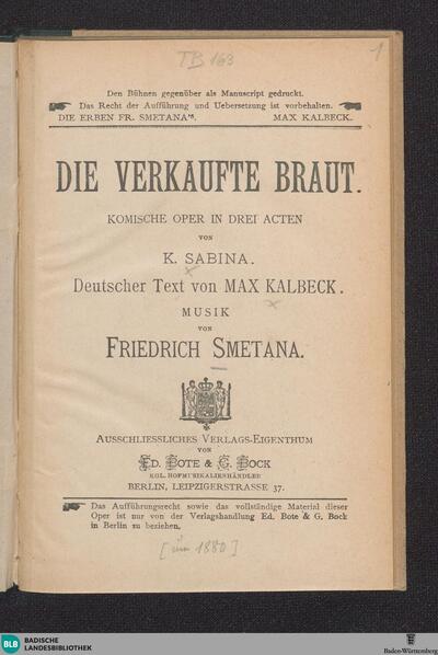 Die verkaufte Braut : lkomische Oper in 3 Acten; [Textbuch]