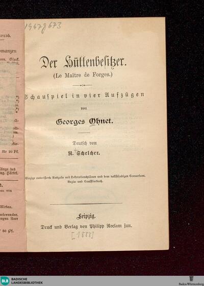 Der Hüttenbesitzer : Schauspiel in vier Aufzügen; einzige autorisierte Ausgabe mit Dekorationsplänen und dem vollständigen Scenarium; Regie- und Soufflierbuch