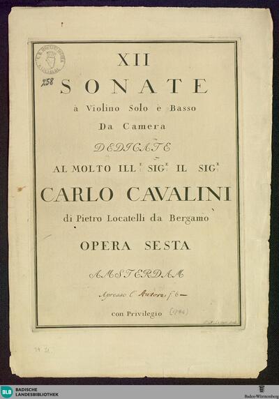 XII Sonate à Violino solo è Basso da Camera : Opera Sesta