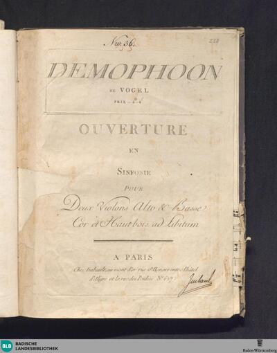 Démophon de Vogel : Ouverture en sinfonie pour deux violons alto & basse cor et hautbois ad libitum