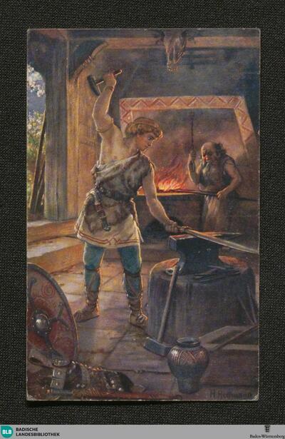 1: Wie Siegfried jung war, zu Mime, dem Schmied, in die Lehre kam und sich ein Schwert schmiedete, das durch härtestes Eisen schnitt. Das Schwert hieß Balmung