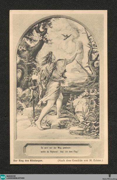 [12]: Der Ring des Nibelungen. Siegfried Szene 19: So wird mir der Weg gewiesen; wohin du flatterst! Folg‘ ich dem Flug! : (Nach dem Gemälde von M. Echter)