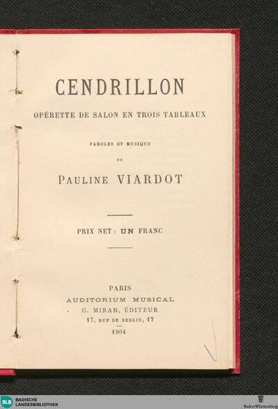 Cendrillon : Opérette de salon en trois tableaux
