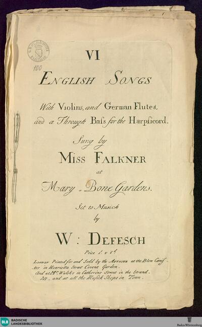 VI Englisch songs with violins, and german flutes, and a trough bass for the harpsicord