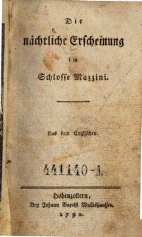 Die nächtliche Erscheinung im Schlosse Mazzini. Aus dem Englischen. [Ann Radcliffe. Übers. von Dorothea Margaretha Liebeskind]
