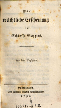 Die nächtliche Erscheinung im Schlosse Mazzini. [Ann Radcliffe]. Aus dem Englischen [von Dorothea Margaretha Liebeskind]