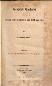 Geschichte Englands seit den Friedenschlüssen von 1814 und 1815. 1=8. Von der Schlacht bei Waterloo bis zum Tode Georg's IV