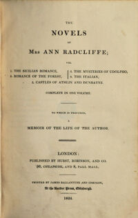 Novelist's Library. 10. The Novels Of Mrs Ann Radcliffe; Viz. 1. The Sicilian Romance, 2. Romance Of The Forest, 3. The Mysteries Of Udolpho, 4. The Italians, 5. Castles Of Athlin And Dunbayne