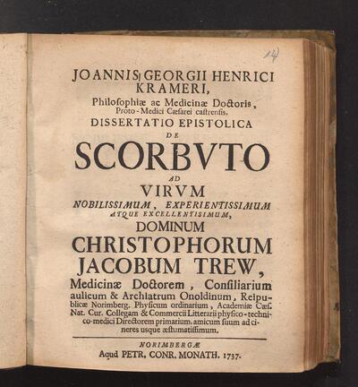 Joannis Georgii Henrici Krameri ... Dissertatio Epistolica De Scorbvto : Ad Virvm ... Dominum Christophorum Jacobum Trew ...