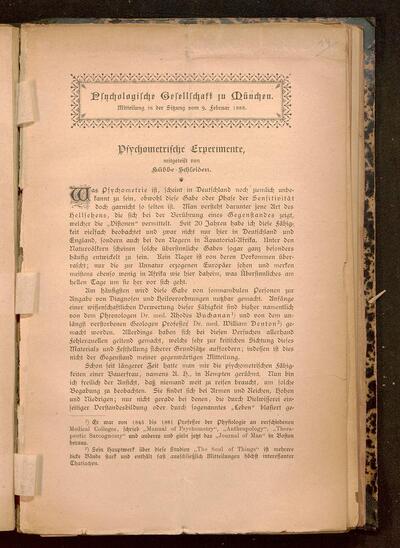 Psychometrische Experimente : Psychologische Gesellschaft zu München, Mitteilung in der Sitzung vom 9. Februar 1888