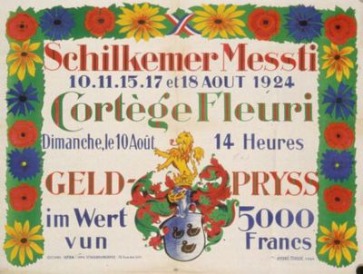Schilkemer Messti 10. 11. 15. 17. et 18. Août 1924. Cortège fleuri, Dimanche, le 10 Août. Geld-Pryss im Wert 5000 vun Francs