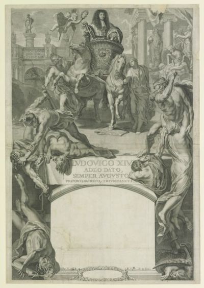 Pièce allégorique : [estampe] : Louis XIV est debout dans un char traîné par deux chevaux. Ludovico XIV adeodato, semper Augusto, pio, forti, pacifico, Triumphanti