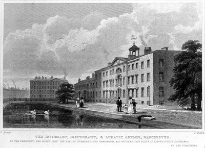 The Infirmary, Dispensary and Lunatic Asylum, Manchester, England. Line engraving by J. Davies after S. Austin.