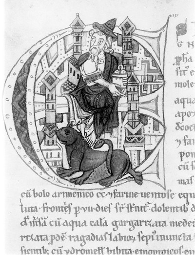 Illuminated "E": building, man and child