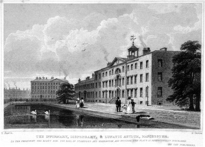 The Infirmary, Dispensary and Lunatic Asylum, Manchester, England. Line engraving by J. Davies after S. Austin. Original Negative is a Vinegar Negative CAN NOT BE RESCANNED