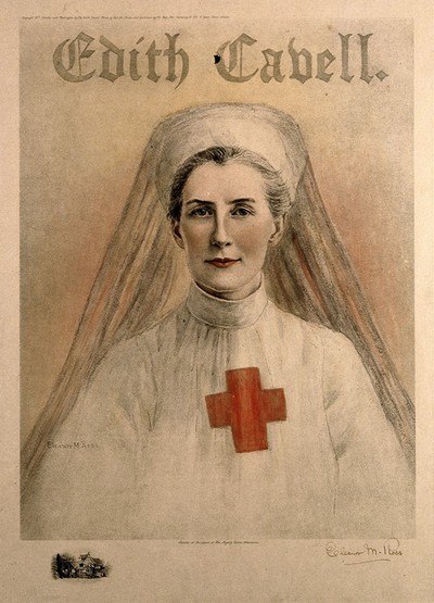 Edith Louisa Cavell in Red Cross uniform. Colour reproduction of a painting by E. M. Ross, 1915.