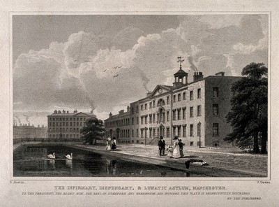 The Infirmary, Dispensary and Lunatic Asylum, Manchester, England. Line engraving by J. Davies after S. Austin.