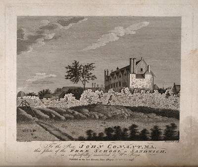 Free School, Sandwich, Kent: panoramic view. Etching by Ravenhill, 1787, after G. Maxwell.