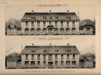 Hospice de Brie-Comte-Robert: main façade and back façade. Process print, 1913.
