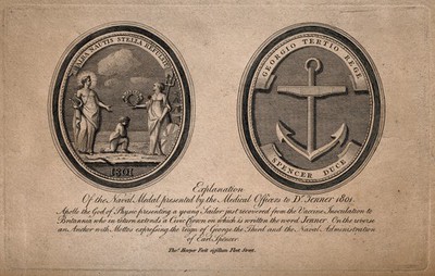Front and reverse of a medal presented to Jenner by naval medical officers in 1801. Engraving, 1801, after a medal made by T. Harper.