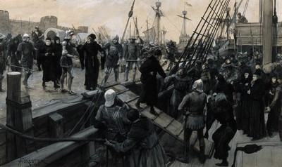 Hundred Years' War: surgeons and craftsmen of surgical instruments being forced to go with the English army as part of the 1415 invasion of France. Gouache painting by A. Forestier, 1913.