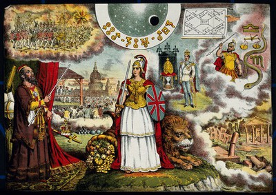Astronomy: various apocalyptic scenes, including an earthquake, a mob by St Paul's, Prince Albert [?], and the Boxer Rebellion [?]. Coloured lithograph, n.d. [c.1841?].