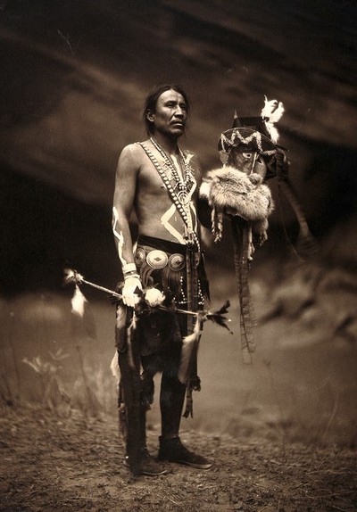 A Navajo man in ceremonial dress representing the Yebichai god Zahabolzi (Zahadolzha?).