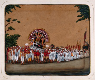 Durga Puja: a procession carrying an idol of Durga to honour her victory over evil.