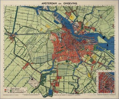 Kaart van Amsterdam en omgeving. In de rechterbenedenhoek een inzetkaart van de binnenstad op schaal 1:10.000. Op verso een uitgebreide index van onder andere straatnamen, openbaar vervoerlijnen, bijzondere gebouwen, enz. Oriëntatie: noord boven.<br> 1 kaart: gedrukt in kleur; 78 x 97,5 cmNL-HlmNHA_560_001849_XXLProvinciale Atlas - Kaarten en kaartboeken NL-HlmNHA_560_001849_XXL