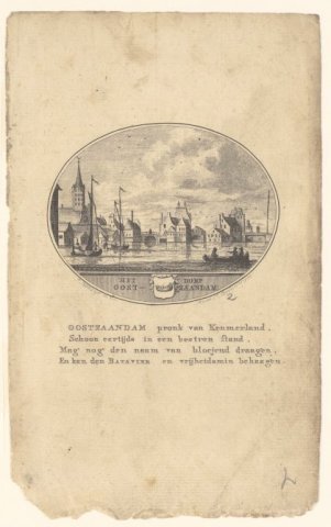 Gezicht op de havenkom, links de kerk. Onder de afb. het wapen van Oostzaandam (een onvolmaakt schip). Onder de afb. een vers in vier regels. 1 topogr. prent: ets en gravure l.o.: J. Blokzijl ad. viv.; Anna Ca. Brouwer fec. ovaal, afb.: 75 x 100 mmNL-HlmNHA_359_005556_KProvinciale Atlas - Prenten en Tekeningen NL-HlmNHA_359_005556_K