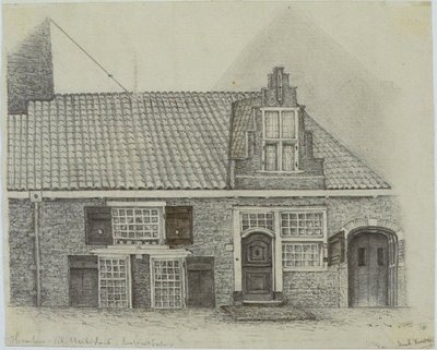 Catalogusgegevens: Gezicht op de voorgevel van de spijskokerij en soeplokaal aan het Klein Heiligland (12-14), gezien vanaf het huis van de tekenaar: Klein Heiligland 15. Opschr.: "Haarlem.Kl.Heiligland.Soepuitdeling" (lo). Sign.: 1869 Amb.Knoop (ro) Techn.: tekening met potlood in zwart en enig bruin. Afm.: h.189, br.236 mm (blad) Herkomst: aangekocht in 1976 van Th.Laurentius te Zaltbommel uit de v.m. collectie van dhr.Th.Hoog te Haarlem. Identificatienummer: 53-001748 KNL-HlmNHA_53001748_KKennemerland NL-HlmNHA_53001748_K