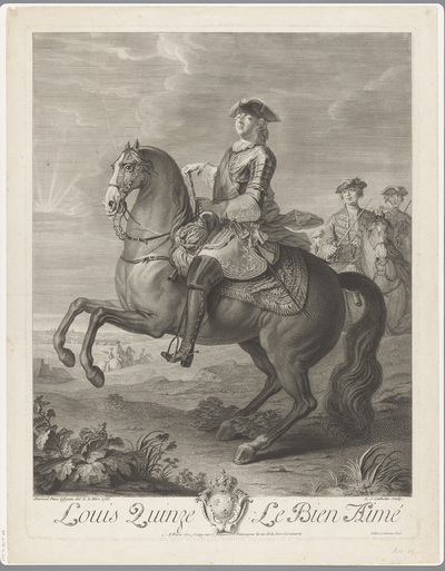 Portret van Lodewijk XV te paardLouis Quinze le Bien Aimé