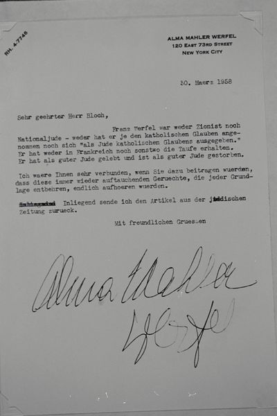 [Franz Werfel].Alma Mahler Werfel, letter about Werfel's relation to Judaism 1958