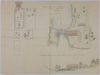 Kolorerad plankarta över Tararps pappersbruk i Blekinge.gjord av Lars Gustaf Ståhle februari 1863.