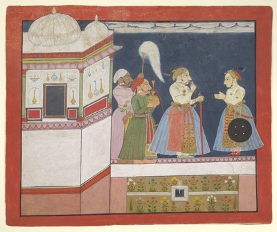 Maharana Amar Singh (reg. 1697-1710) of Mewar and his sonSangram Singh (reg. 1710-34) conversing in a garden.